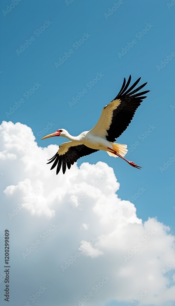 A large white bird with black wings soars gracefully against a vibrant blue sky, fluffy white clouds dotting the background. A large white bird with black wings soars gracefully against a vibrant blue sky, fluffy white clouds dotting the background.