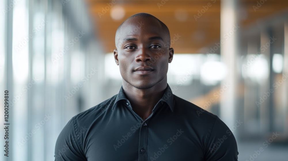 Confident African man with a shaved head stands proudly in a bright, modern gym environment Confident African man with a shaved head stands proudly in a bright, modern gym environment