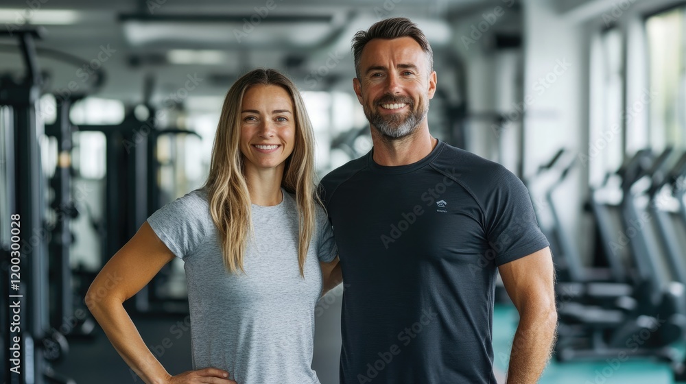 Fit couple smiling together in a modern gym setting with exercise equipment in the background Fit couple smiling together in a modern gym setting with exercise equipment in the background