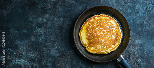 A flawlessly golden pancake sizzling in a non-stick frying pan against a dark textured background. Ideal for breakfast themes, food blogs, recipe ideas, or culinary designs. photo