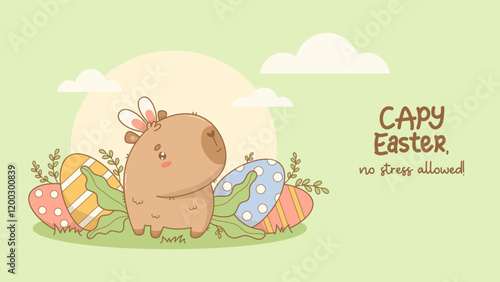 Happy Easter Capybara in bunny ears with decorative paschal eggs and leaves in clearing. Cute cartoon kawaii animal on green background. Holiday Horizontal cool poster. Vector illustration