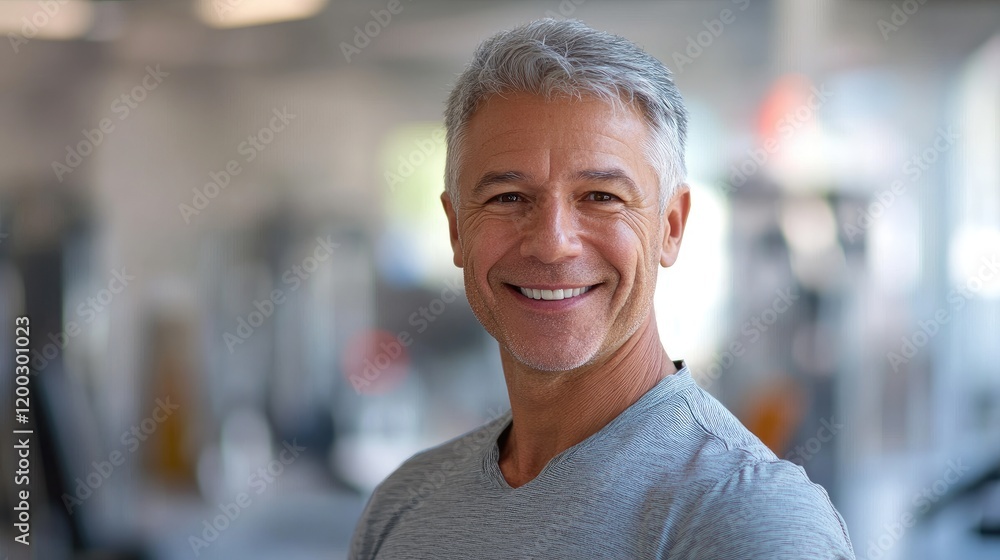 Senior man smiling in gym, enjoying fitness journey among exercise machines Senior man smiling in gym, enjoying fitness journey among exercise machines