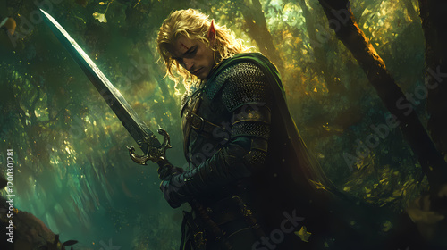 A male blonde elf fantasy warrior holds a magical greatsword in a mystical forest. Dark Fantasy Warrior. Illustration photo