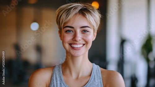 Smiling European woman in gym activewear stands confidently in softly lit modern fitness environment