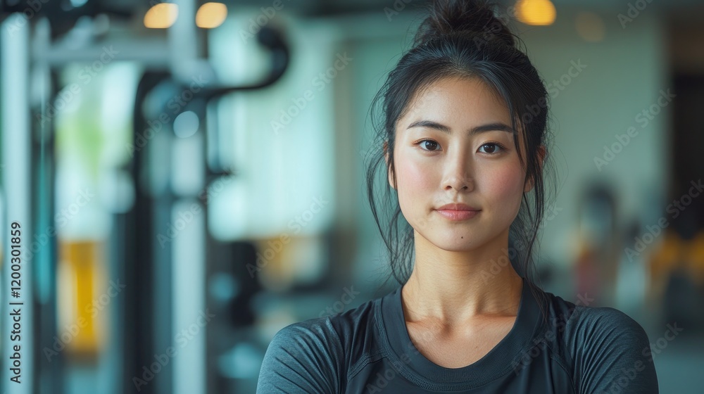 Young Asian woman in athletic wear showing determination in a well-lit gym environment Young Asian woman in athletic wear showing determination in a well-lit gym environment