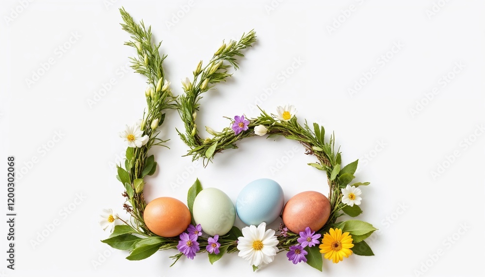 Bunny-shaped wreath with eggs and spring flowers on white background, elegant Easter decor Bunny-shaped wreath with eggs and spring flowers on white background, elegant Easter decor