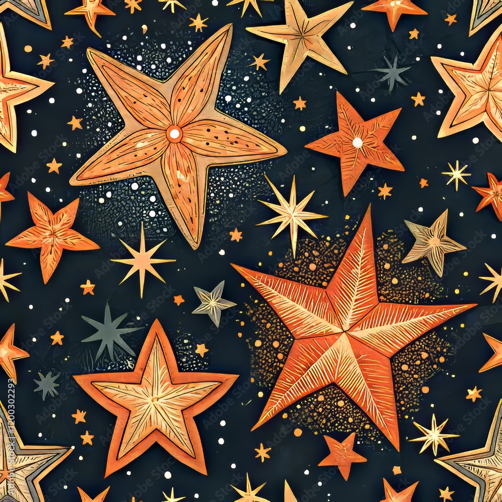 Vibrant hand-drawn stars pattern on dark background for festive designs Vibrant hand-drawn stars pattern on dark background for festive designs