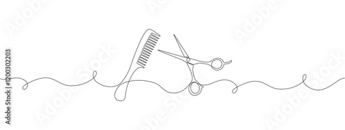 Minimalistic one line drawing of scissors and comb for web banners or hair salon symbols. Editable stroke. Vector doodle illustration .