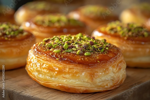 Pistachio Pastry Close-up: Flaky Texture and Green Glaze photo