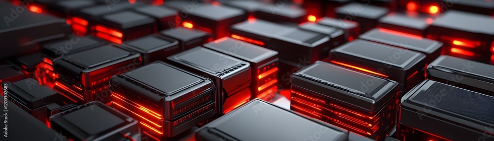 Abstract close-up of black cubes with red glowing edges, representing digital innovation. Abstract close-up of black cubes with red glowing edges, representing digital innovation.