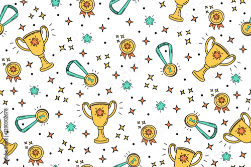 Seamless doodle pattern with medals and winner cups. Children's background for diplomas and sports certificates