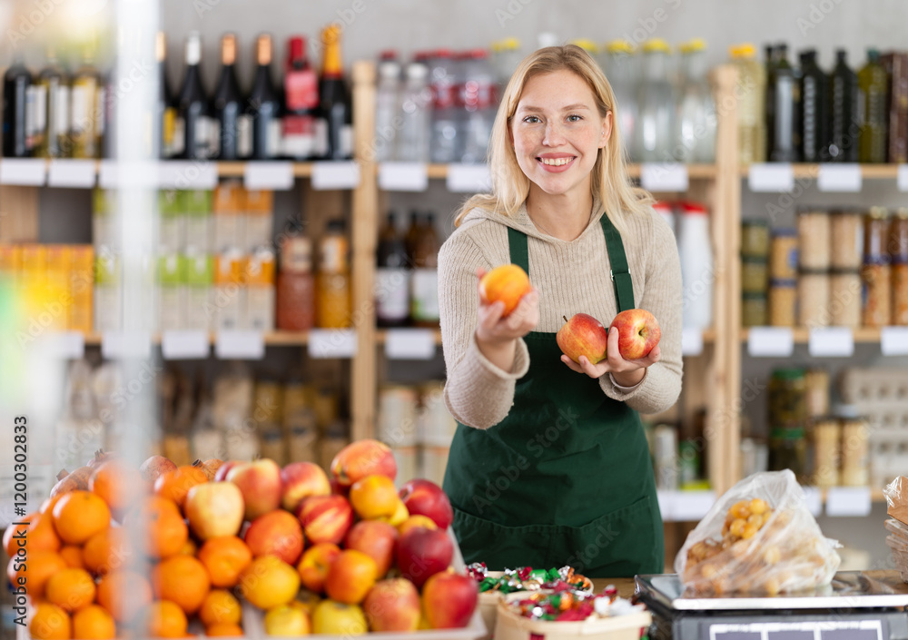 Young woman seller weighs apples in plastic bag in grocery store Young woman seller weighs apples in plastic bag in grocery store