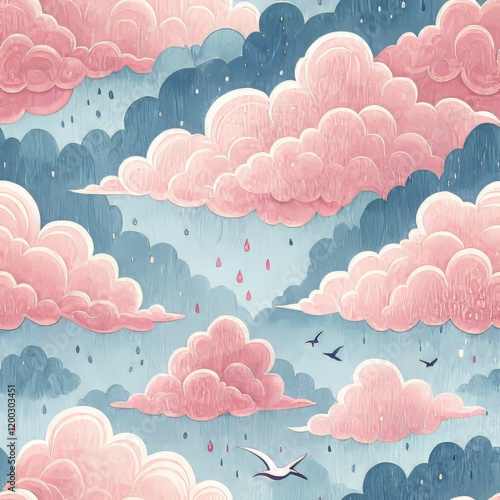 Dreamy pastel clouds with birds and raindrops in a serene sky