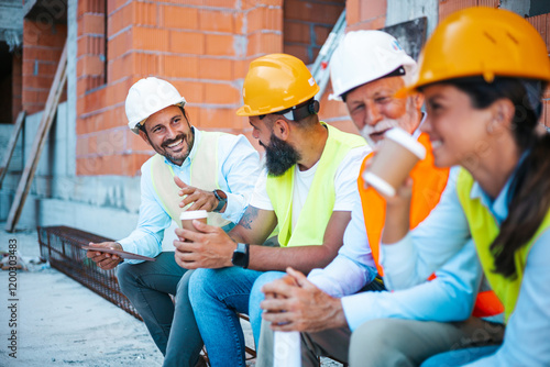 Tableau sur toile Construction Workers on Coffee Break Smiling and Conversing at Job Site