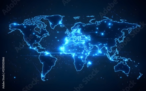 Stylized digital world map illuminated with glowing blue lines and points, representing global connectivity, digital communication, and the flow of data across continents.
