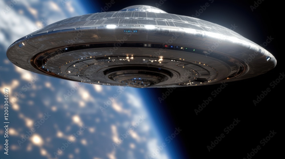 Obraz premium Futuristic Spaceship UFO hovering above Earth's atmosphere, Sci-Fi 3D render
