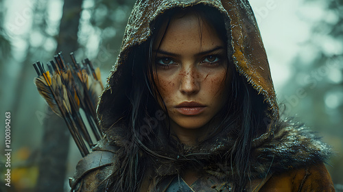 A fierce female warrior, cloaked and armed with arrows, stares intensely from a forest. photo