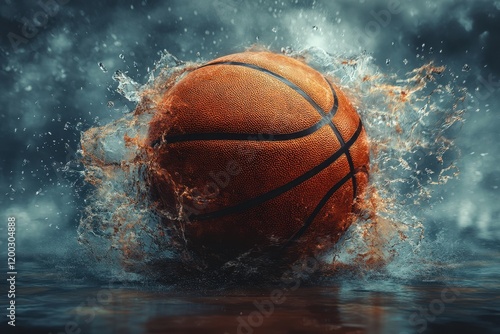 A basketball splashes into water, creating dynamic motion and visual impact.