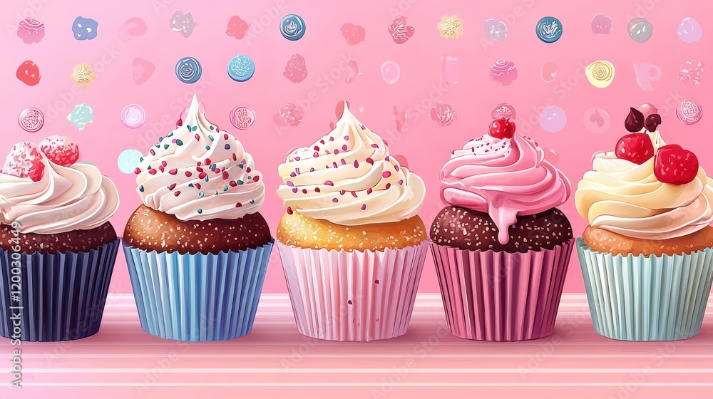 Deliciously Colorful Cupcakes on Pink Background Deliciously Colorful Cupcakes on Pink Background