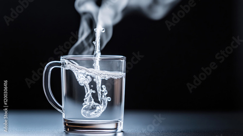 Steaming hot water being poured into glass mug on dark background photo