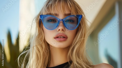 Chic Woman in Bold Blue Sunglasses