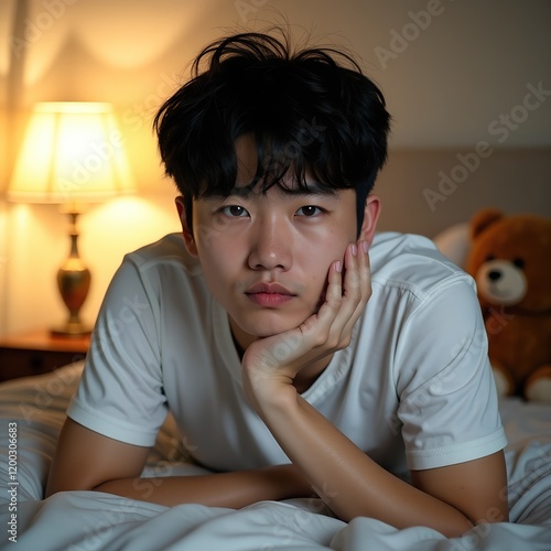 Young man lying in bed, resting his head on his hand, looking thoughtfully at the camera. Soft, warm lighting in the bedroom. photo