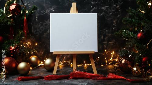Blank canvas on easel styled with red tassels and firecrackers