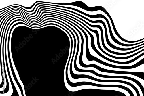 Black white wavy background optical illusion. Lines stripes pattern distortion ripple effect. Eps 10