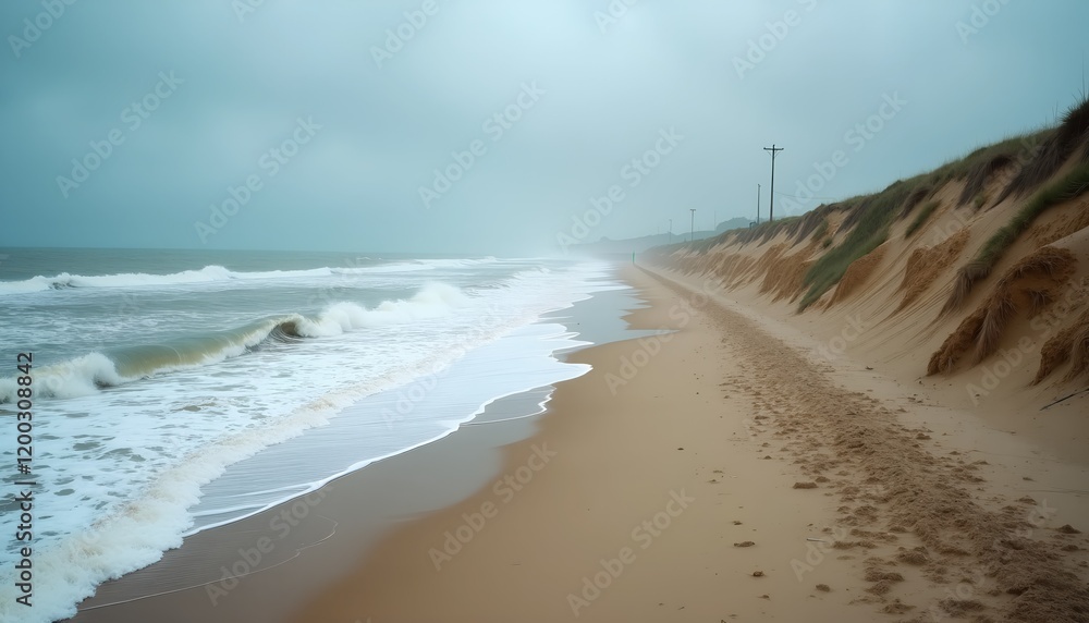 Waves crash on a sandy beach, with dunes and utility poles visible in the distance under a cloudy sky. A tranquil, yet powerful coastal scene. Waves crash on a sandy beach, with dunes and utility poles visible in the distance under a cloudy sky. A tranquil, yet powerful coastal scene.