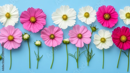 A vibrant display of pink and white flowers set against a blue backdrop to celebrate spring