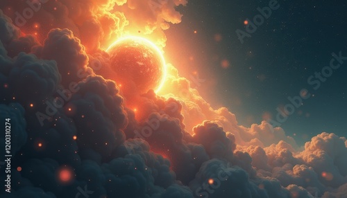 Surreal Celestial Digital Art: Sun Surrounded by Fluffy Clouds and Stars photo