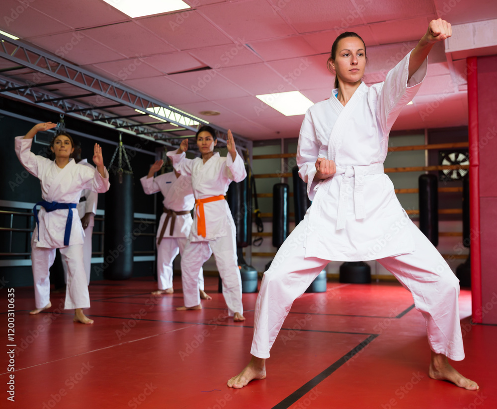 Woman in kimono is practicing karate moves at gym Woman in kimono is practicing karate moves at gym