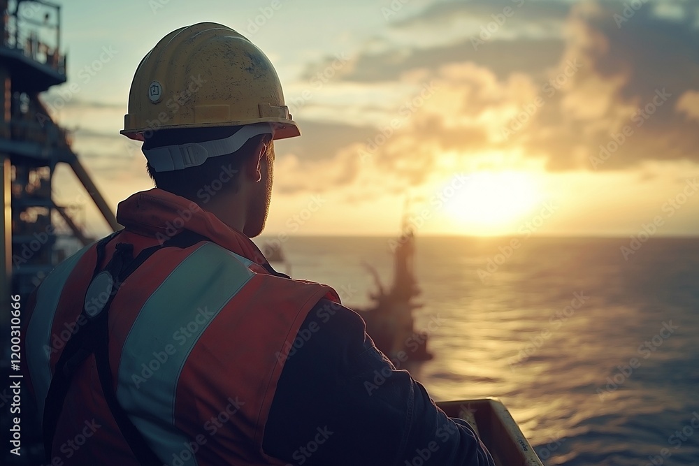 Obraz premium Offshore Oil Rig Worker Supervising Operations at Sunset