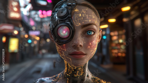 A cyberpunk woman with a glowing, mechanical eye and intricate circuitry embedded in her face, standing in a neon-lit urban alley filled with futuristic and high-tech details. photo