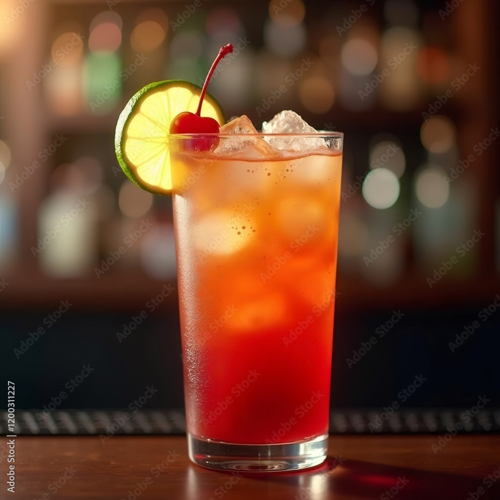 A refreshing cocktail with vibrant red and orange hues garnished with lime and cherry A refreshing cocktail with vibrant red and orange hues garnished with lime and cherry