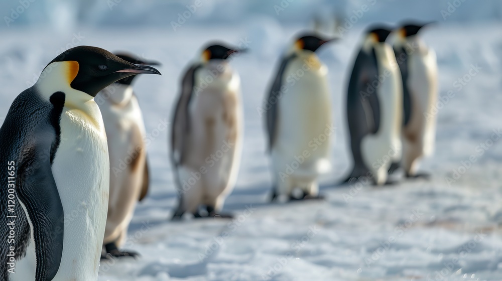 Obraz premium A group of majestic emperor penguins standing on a snowy landscape, showcasing their striking black and white plumage and bright orange accents.