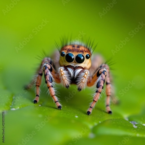A close-up portrait of a jumping spider with large eyes on a green leaf