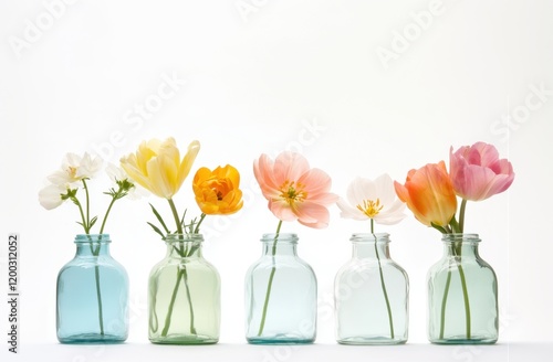 Colorful spring flowers in glass bottles, minimalist home decor bright cheerful tones perfect for interior design floral arrangements with tulips and poppies on white background, space for text