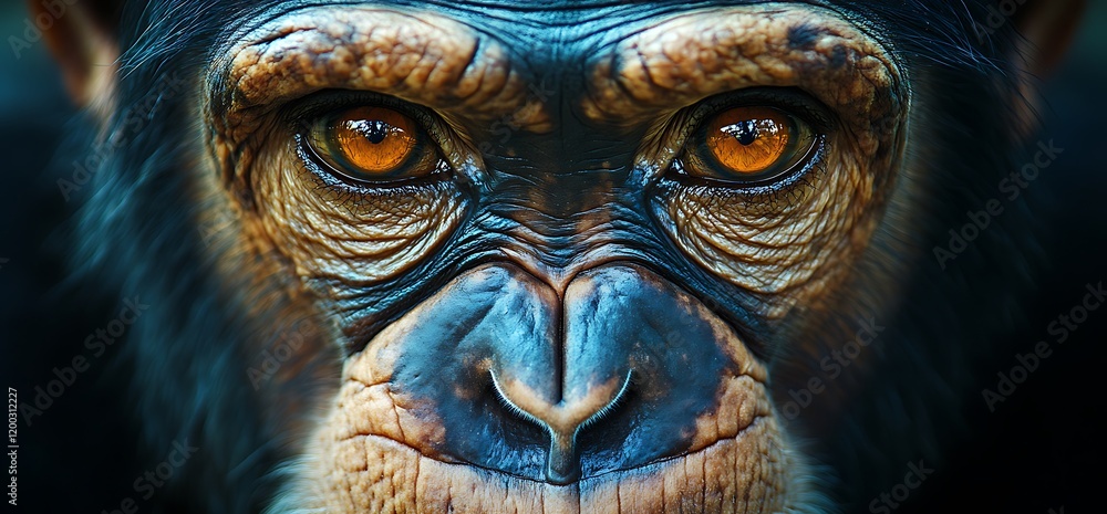 Chimpanzee close-up, intense gaze, jungle background, wildlife Chimpanzee close-up, intense gaze, jungle background, wildlife