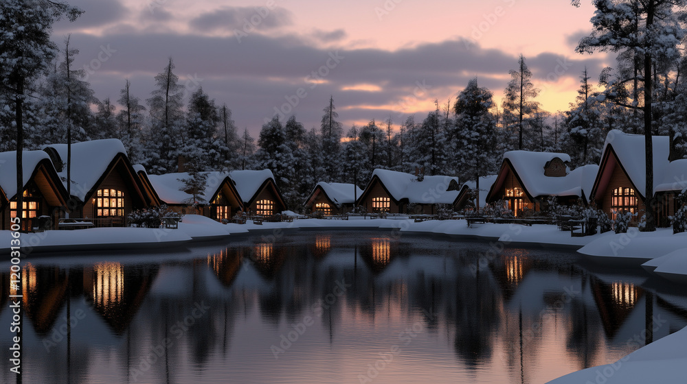Obraz premium Snowy Village by a Lake at Dusk