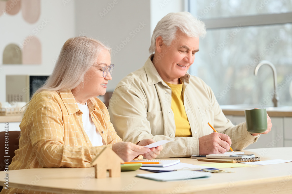 Fototapeta premium Senior woman with her husband calculating utility bills in kitchen