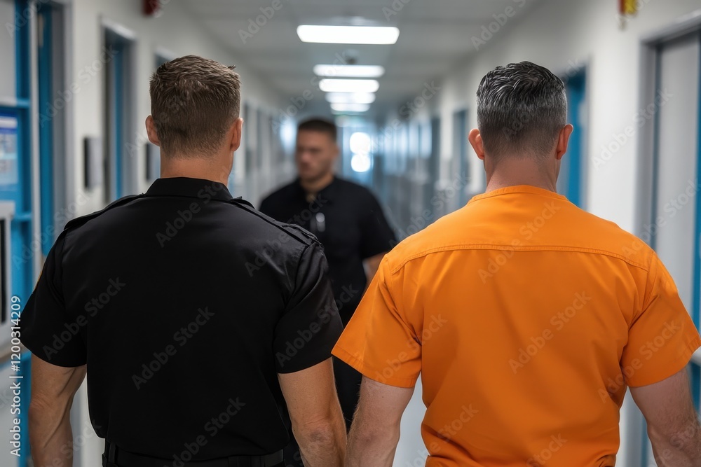 The photo depicts two officers and an inmate in a jail corridor, reflecting the complex dynamics between law enforcement and incarceration in a stark environment. The photo depicts two officers and an inmate in a jail corridor, reflecting the complex dynamics between law enforcement and incarceration in a stark environment.