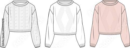 Women's Cable, Crop Jumper. Technical fashion illustration. Front, white and pink color. Women's CAD mock-up.