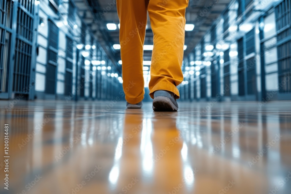 Fototapeta premium A person walks through a deserted prison corridor, emphasizing themes of isolation, confinement, and movement as they reflect on their experiences and surroundings.