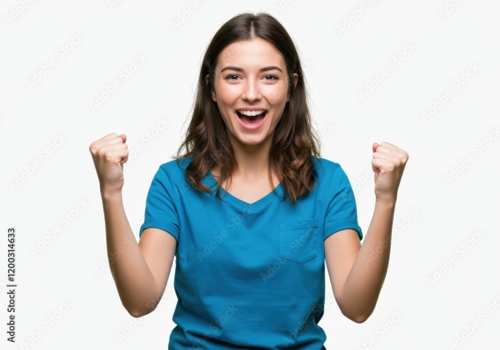 A joyful young woman wearing a blue T-shirt, raising her fists in celebration with an expressive and energetic pose isolated on white background
