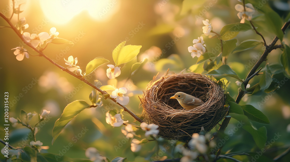 Tiny nest in a garden setting feeling peaceful among flowers and leaves in soft golden hour light Tiny nest in a garden setting feeling peaceful among flowers and leaves in soft golden hour light