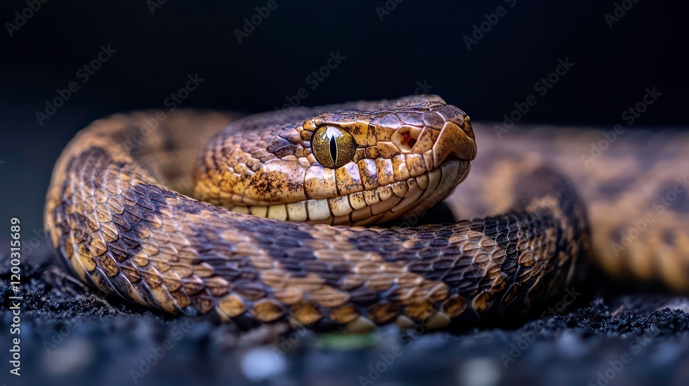 A snake is curled up on the ground. The snake is brown and black. The snake is not moving. Black background A snake is curled up on the ground. The snake is brown and black. The snake is not moving. Black background