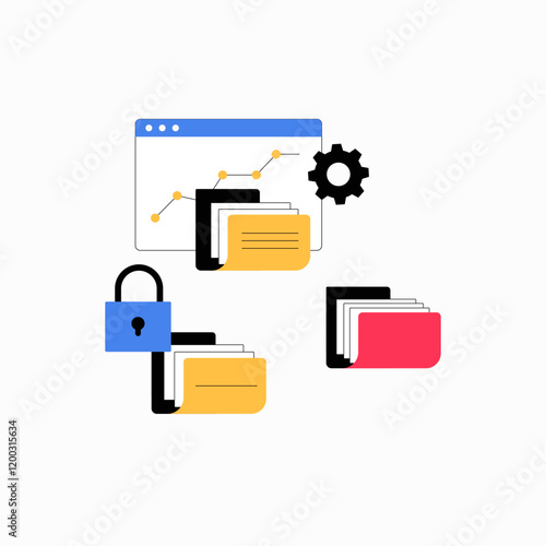 Folders And Lock Symbolizing Data Security, Document Management, And Organization In Flat Vector Illustration, Isolated On White Background