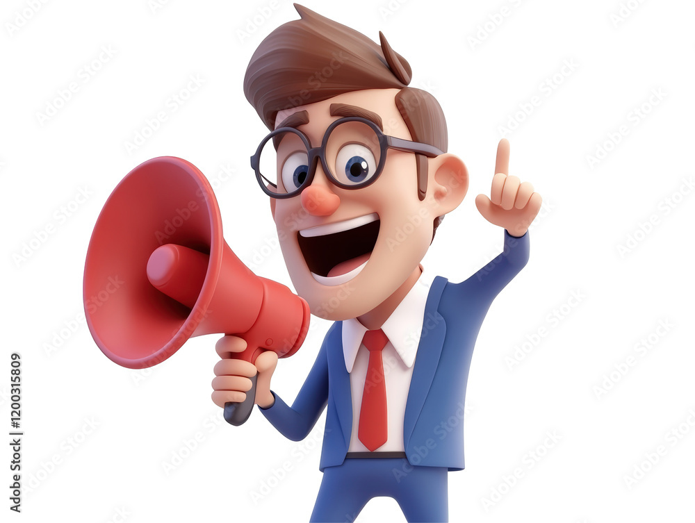 Isolated Man with Megaphone Pointing Upward