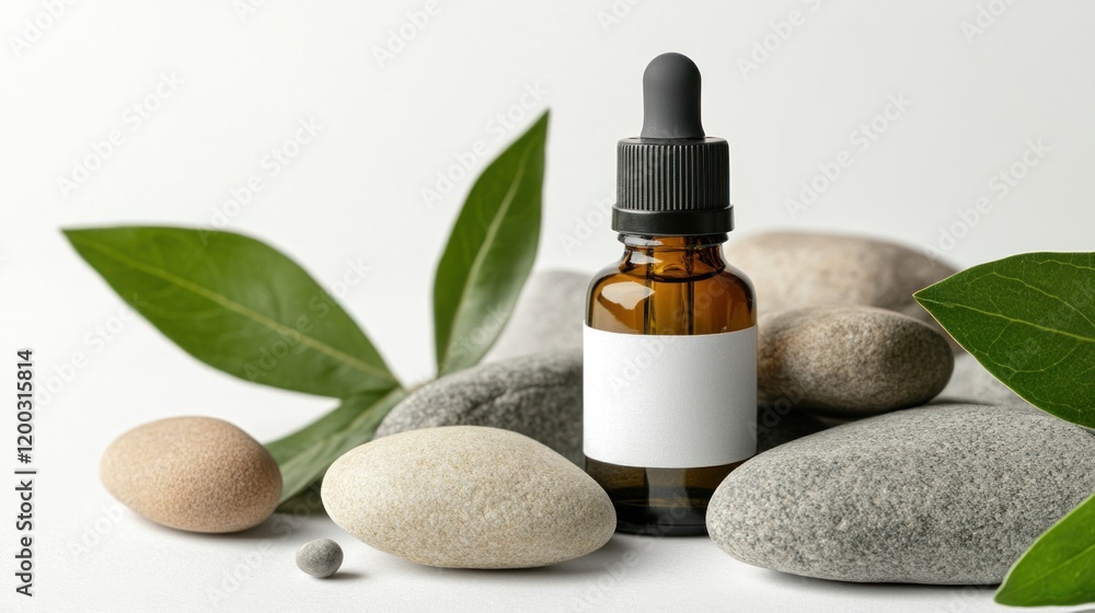 Serene Spa Essentials: Amber Bottle, Smooth Stones, and Lush Greenery Serene Spa Essentials: Amber Bottle, Smooth Stones, and Lush Greenery